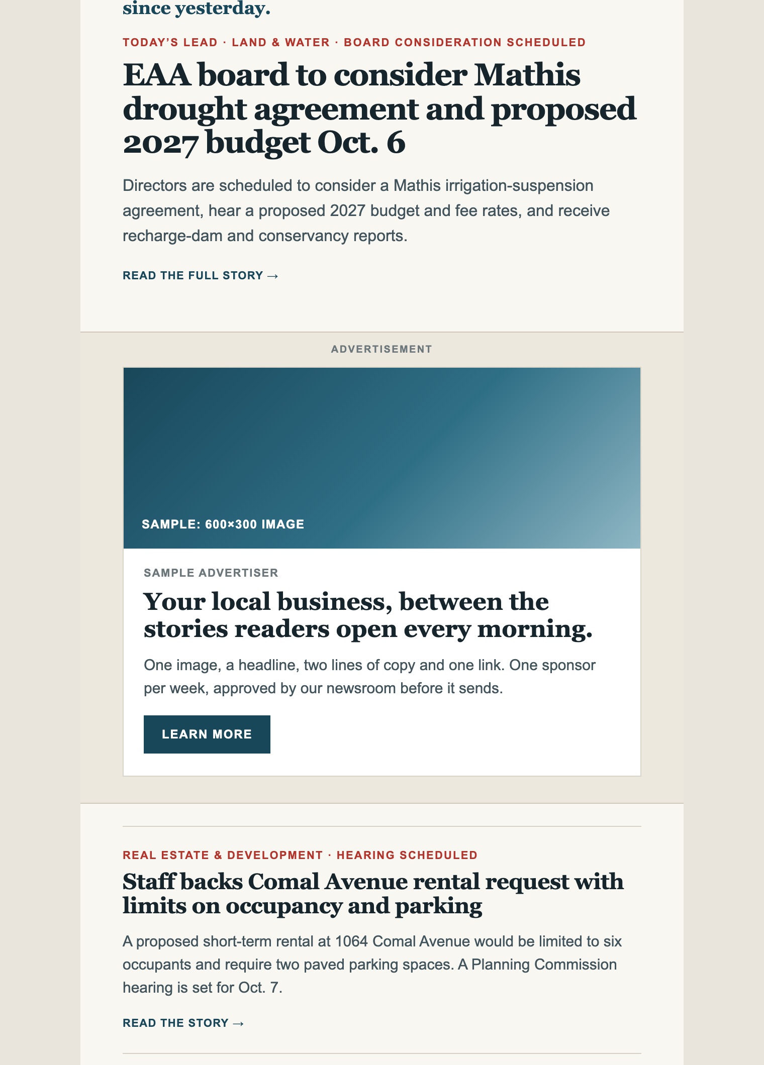 The Comal Daily: where the advertisement band appears on desktop